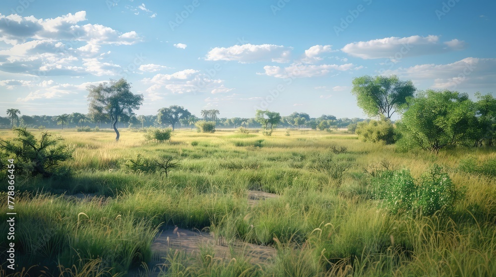 A closed savanna ecosystem simulation with grasslands, acacia trees, and savanna animals coexisting in a miniature African grassland environment,