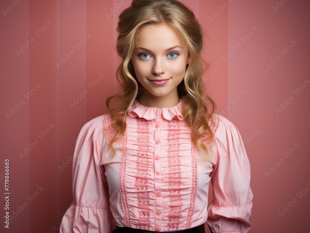 Woman in Pink Blouse Posing for Picture Woman in Pink Blouse Posing for Picture