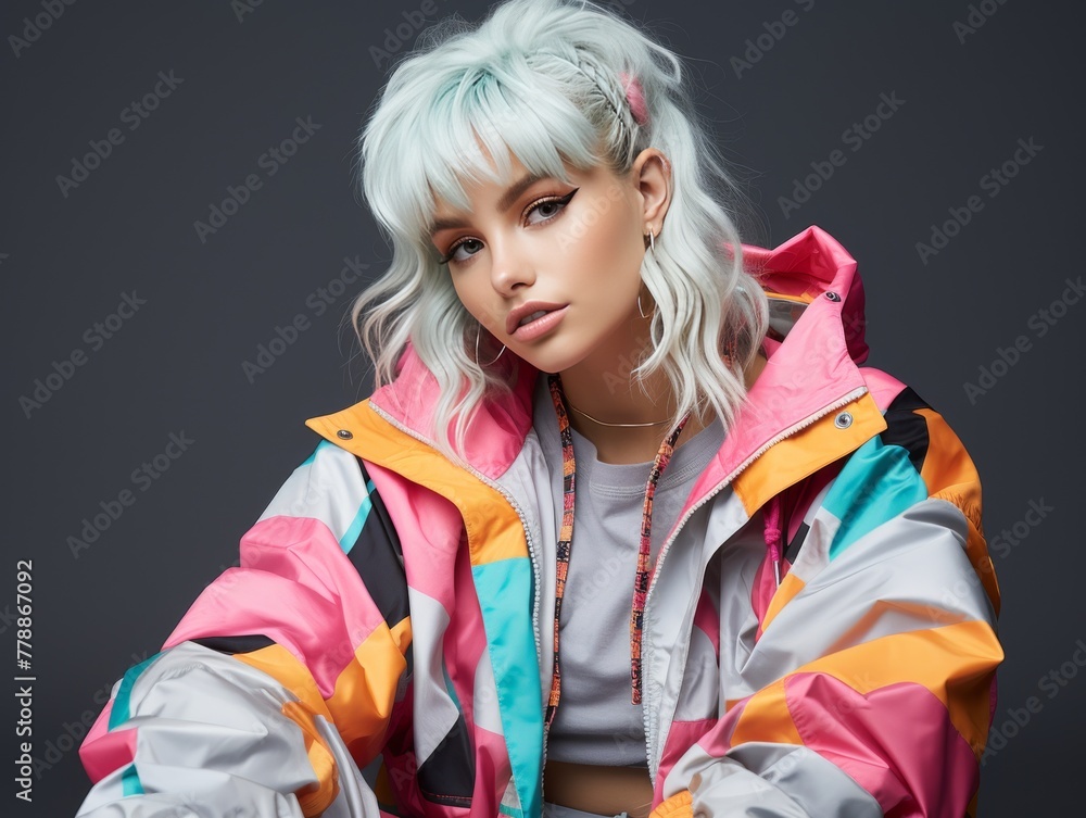 Woman With White Hair Wearing Colorful Jacket Woman With White Hair Wearing Colorful Jacket