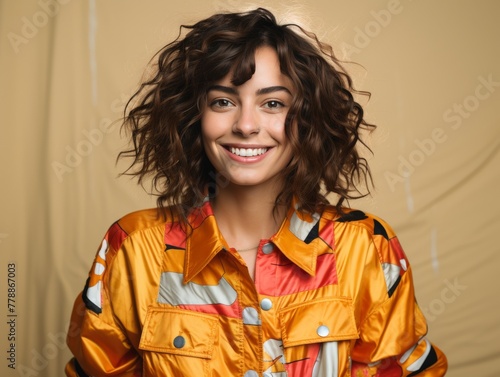 Woman With Curly Hair Wearing Yellow Jacket
