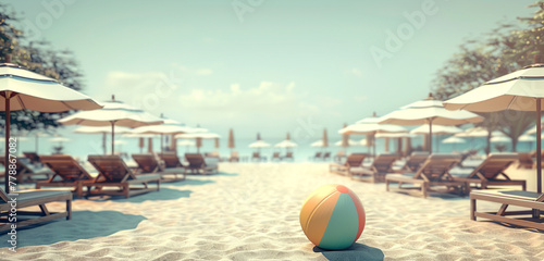 A bright beach ball adds a pop of color to the otherwise calm beach landscape, which is lined with beach chairs and umbrellas photo