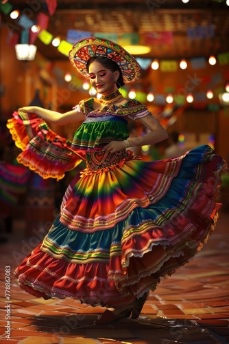 Dancing girl in Mexican traditional clothing 