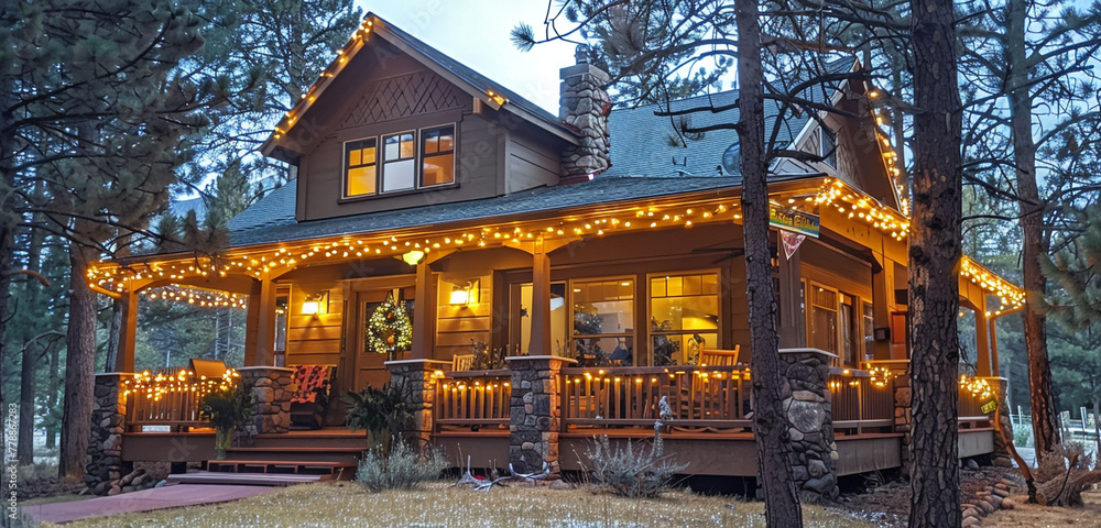 A charming craftsman-style home with a wrap-around porch adorned with twinkling fairy lights, nestled among tall pine trees