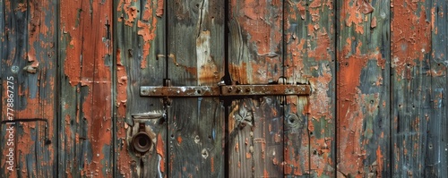 Aged wooden door with peeling red paint © Denys