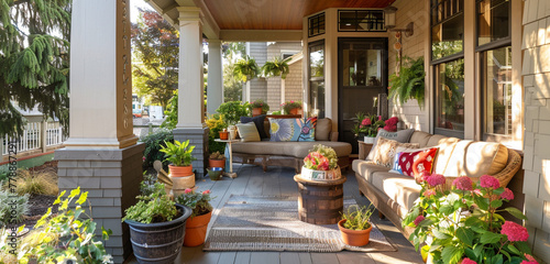 A charming craftsman-style home with a front porch that receives plenty of sunlight and is furnished with vibrant potted plants and warm outdoor furniture
