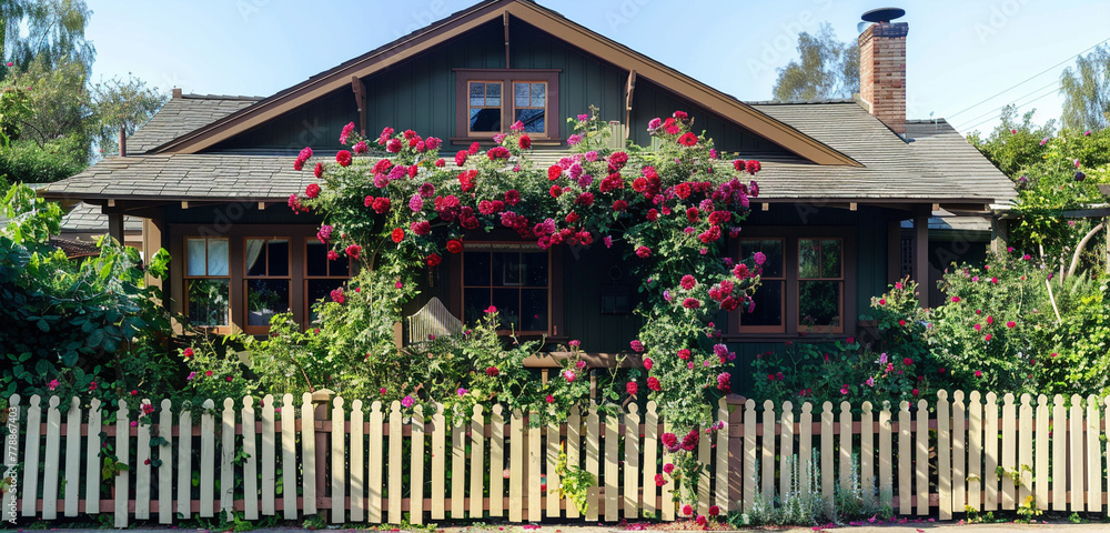 A charming craftsman-style house with a quaint picket fence and a profusion of climbing roses adorning its exterior walls