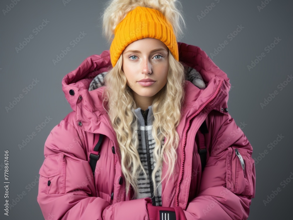Woman Wearing Pink Jacket and Yellow Hat Woman Wearing Pink Jacket and Yellow Hat