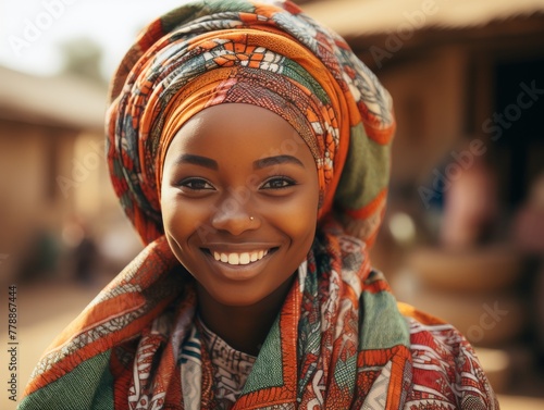 Smiling Woman Wearing Colorful Head Scarf