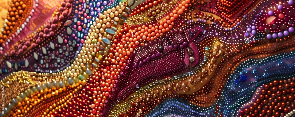 Close-up image capturing the intricate details and vibrant colors of a handmade beadwork tapestry Close-up image capturing the intricate details and vibrant colors of a handmade beadwork tapestry