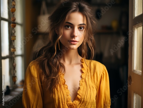 Woman in Yellow Top Standing in Front of Window