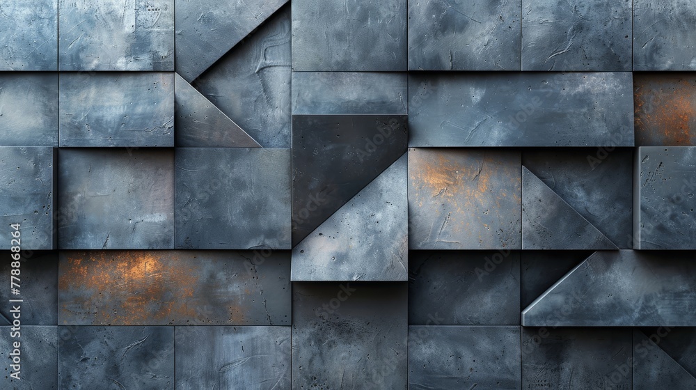 Close-up image of a metal wall adorned with a grid of squares and rectangles Close-up image of a metal wall adorned with a grid of squares and rectangles
