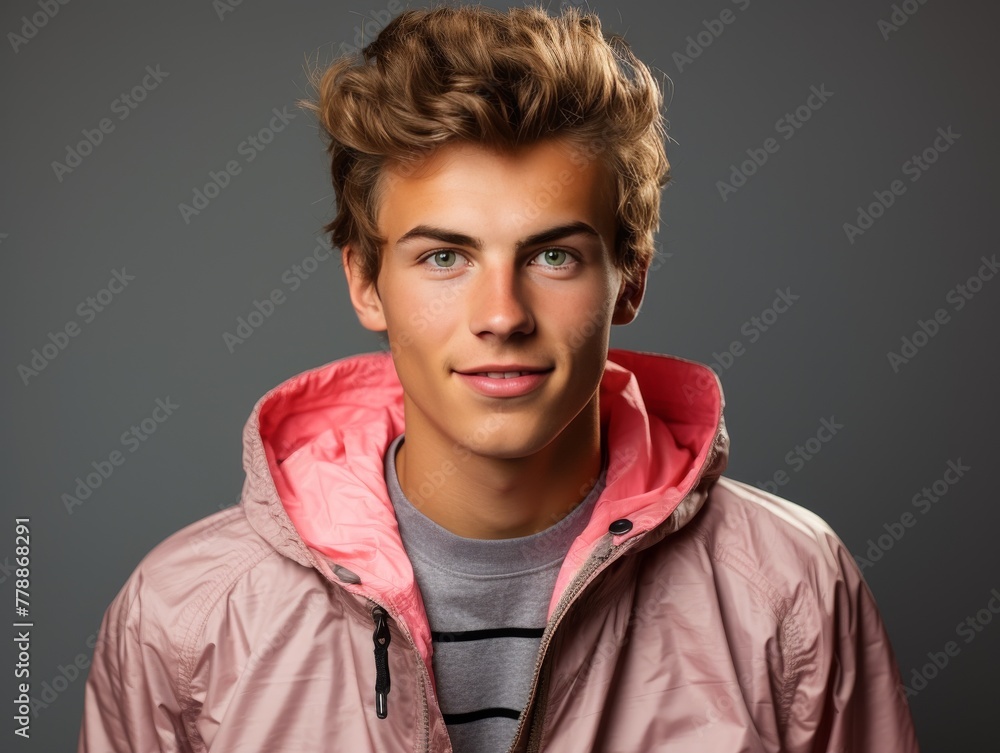 Young Man in Pink Jacket Posing for Picture Young Man in Pink Jacket Posing for Picture
