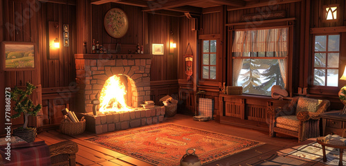 A cozy craftsman-style house with a roaring fire in the hearth, casting a warm glow on the rich wood paneling of the interior