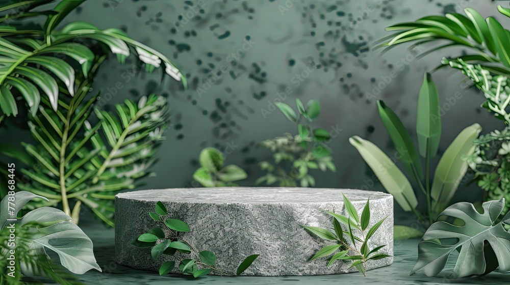 Concrete podium in lush green setting for product showcase. Ideal background for cosmetic presentations, adorned with vibrant leaves. Versatile mock-up pedestal in Concrete podium in lush green setting for product showcase. Ideal background for cosmetic presentations, adorned with vibrant leaves. Versatile mock-up pedestal in