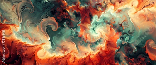 Dynamic swirls of fiery red and cool mint collide, creating a visually striking abstract spectacle.