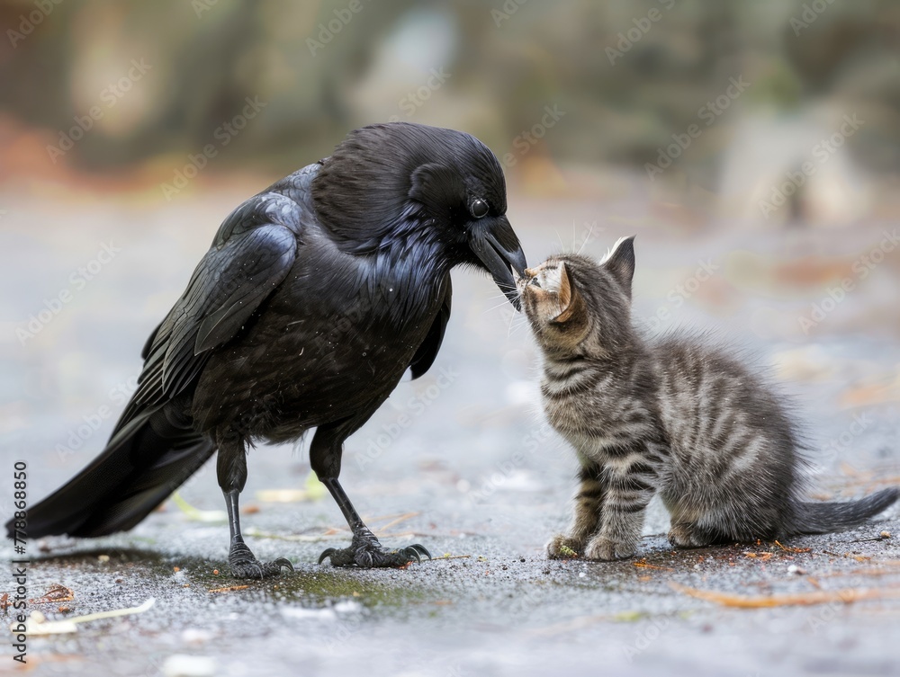 Obraz premium Interspecies Friendship Moment Between a Black Raven and a Striped Grey Kitten Outdoors