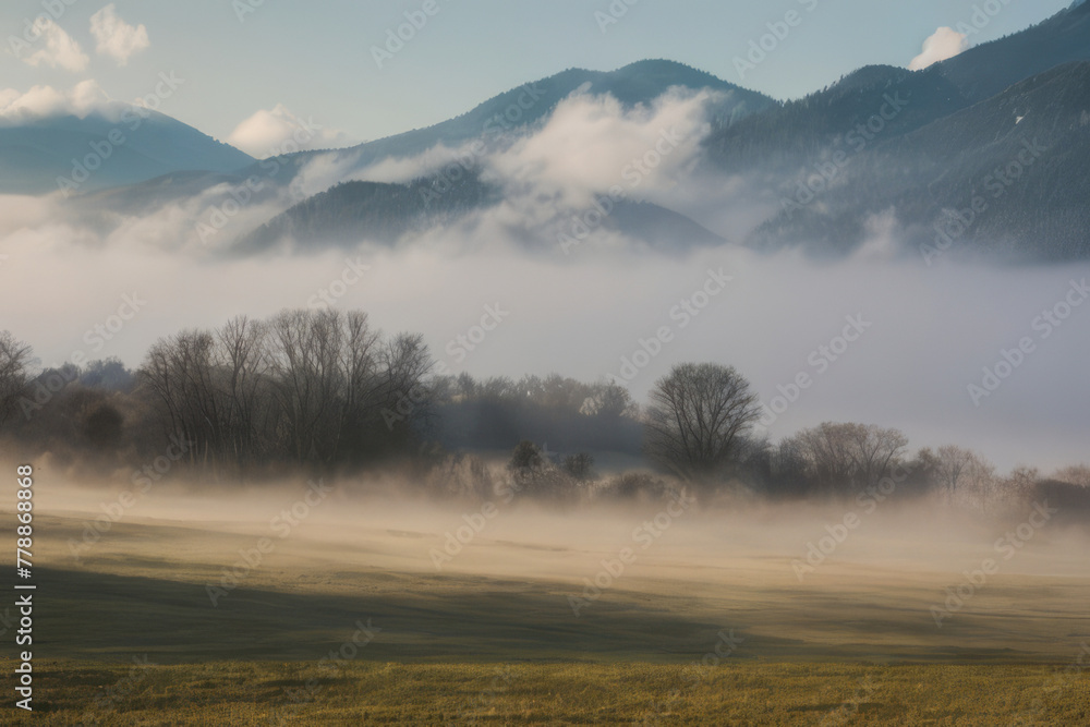 Misty mountain landscape with sunlight breaking through the fog at dawn