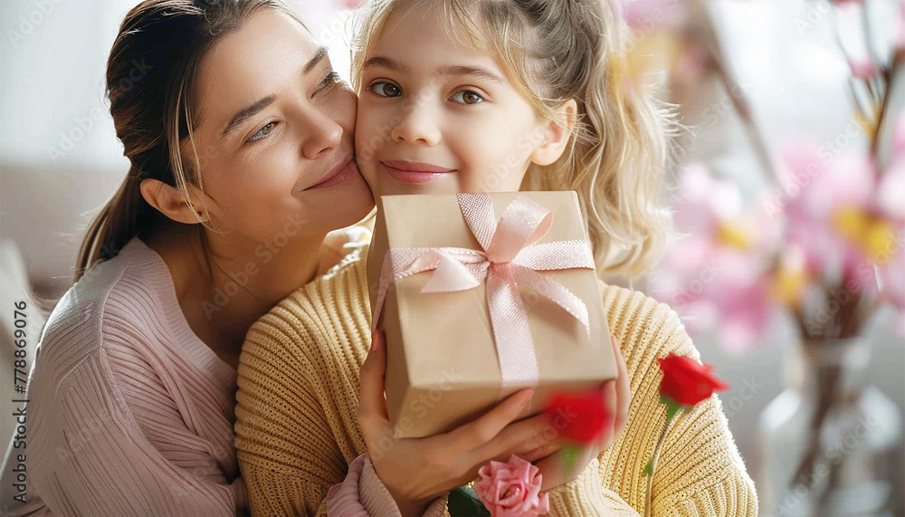 Daughter with present for Mother's Day. Loving teenage girl gives gift box to mom on eve of eighth of March or mother day. Child kisses hugs woman after presenting. Family love Daughter with present for Mother's Day. Loving teenage girl gives gift box to mom on eve of eighth of March or mother day. Child kisses hugs woman after presenting. Family love