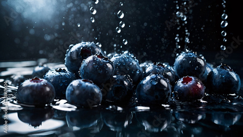 A bunch of ripe blueberries with water droplets or water splash or falling into a deep black water tank