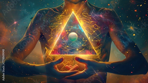 Spirituality, meditation concept. A triangular pyramid inside a person's chest, the pyramid is covered with a multi-layered colors, inside the pyramid is a white luminous ball of light