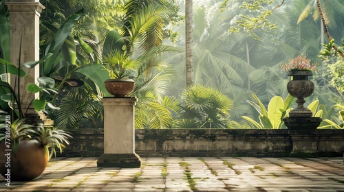 A house with columns and a potted plant on the side of the porch and the side of the house over the porch.