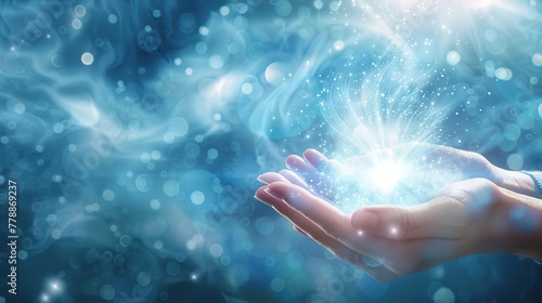 Spiritual, awakening, energy healing, mindfulness concept. A human figure holding light in hands, with light emanating from the palm, symbolizing self-knowledge, spirituality, and meditation