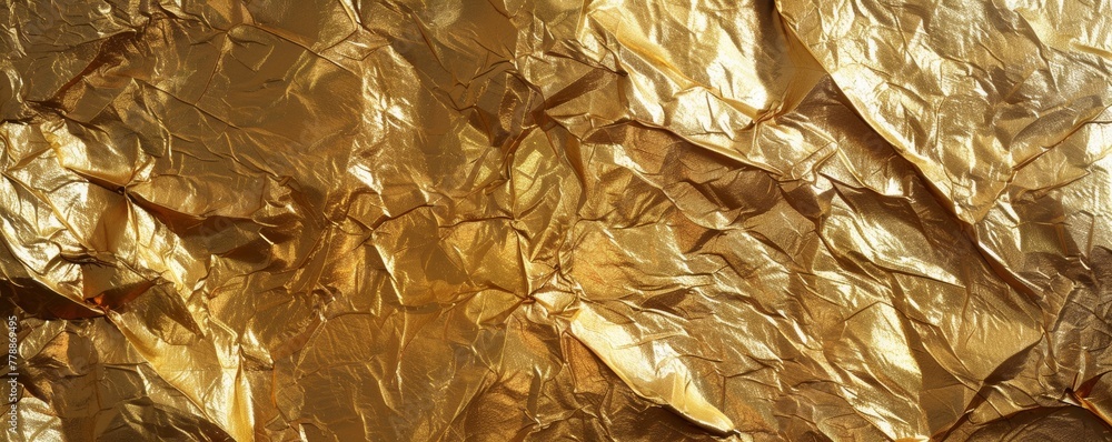 Close-up of crinkled gold foil with shimmering texture and light reflections Close-up of crinkled gold foil with shimmering texture and light reflections
