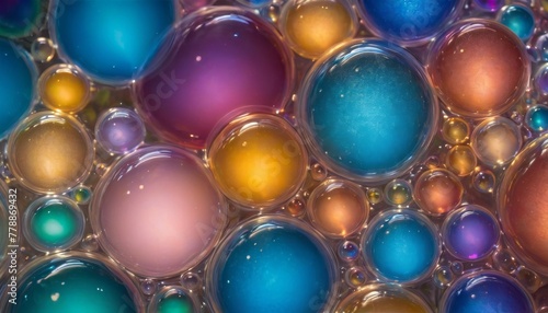A vibrant and colorful close-up of oil bubbles creating a mesmerizing pattern with a play of light and shadow