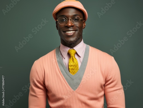 Stylish Man in Pink Sweater and Yellow Tie photo