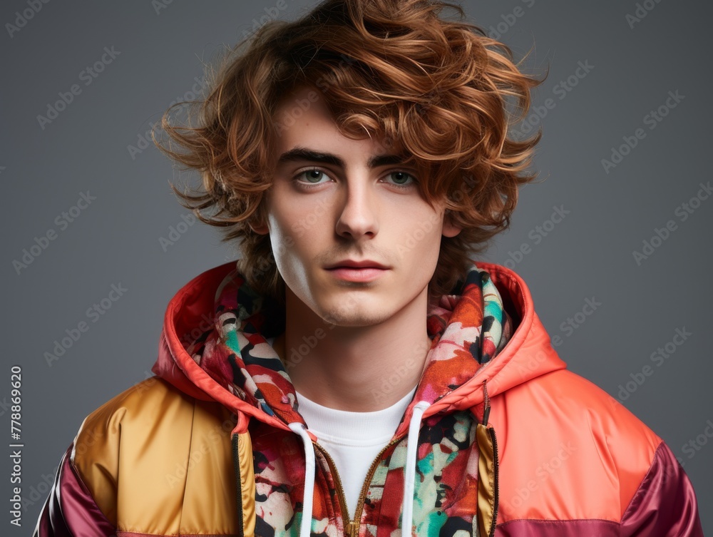 Young Man With Curly Hair in Colorful Jacket Young Man With Curly Hair in Colorful Jacket