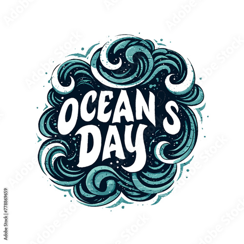 A blue and white ocean wave with the words "Ocean's Day" written in white. The logo is playful and fun, with the waves and the text creating a sense of movement and energy