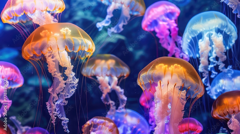 A group of colourful luminescent jellyfish swimming in the deep sea A group of colourful luminescent jellyfish swimming in the deep sea