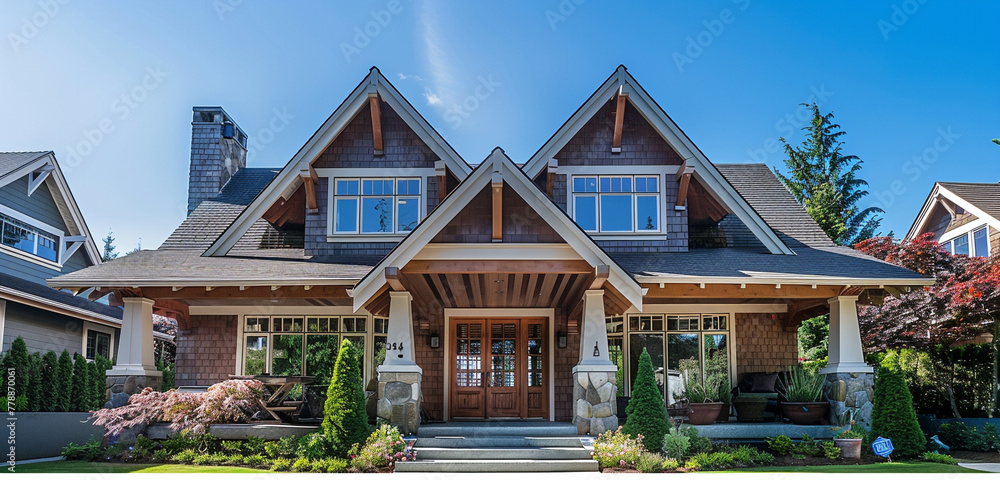 A timeless craftsman-style home with a gabled roof and dormer windows, exuding classic charm and character