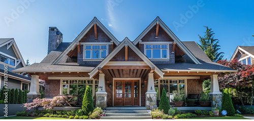 A timeless craftsman-style home with a gabled roof and dormer windows, exuding classic charm and character photo