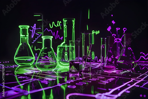 Creepy neon laboratory with test tubes and beakers isolated on black background.