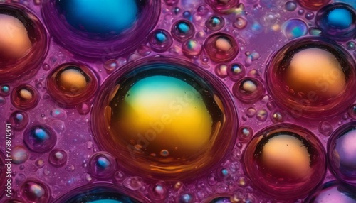 A vivid macro shot that captures the mesmerizing interplay of oil and water, with a spectrum of colors creating a cosmic effect suitable for abstract backgrounds.