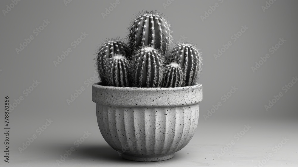   A grayscale image depicting a cactus contained within a white ceramic container set against a monochromatic backdrop, with a subtle cast shadow of the plant nest - obrazy, fototapety, plakaty 