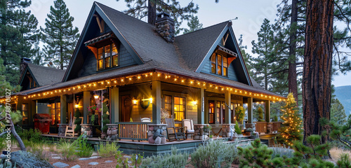 Nestled among tall pine trees is a beautiful craftsman-style home with a wrap-around porch decorated with dazzling fairy lights