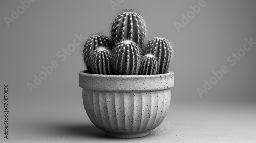   A grayscale image depicting a cactus contained within a white ceramic container set against a monochromatic backdrop  with a subtle cast shadow of the plant nest