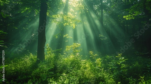 A forest with a bright sun shining through the trees. The sun is casting a warm glow on the green leaves and the forest floor. The scene is peaceful and serene