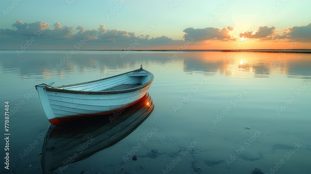   A small boat glides on a calm water surface beneath a cloudy sky, with the sun shining faintly in the background