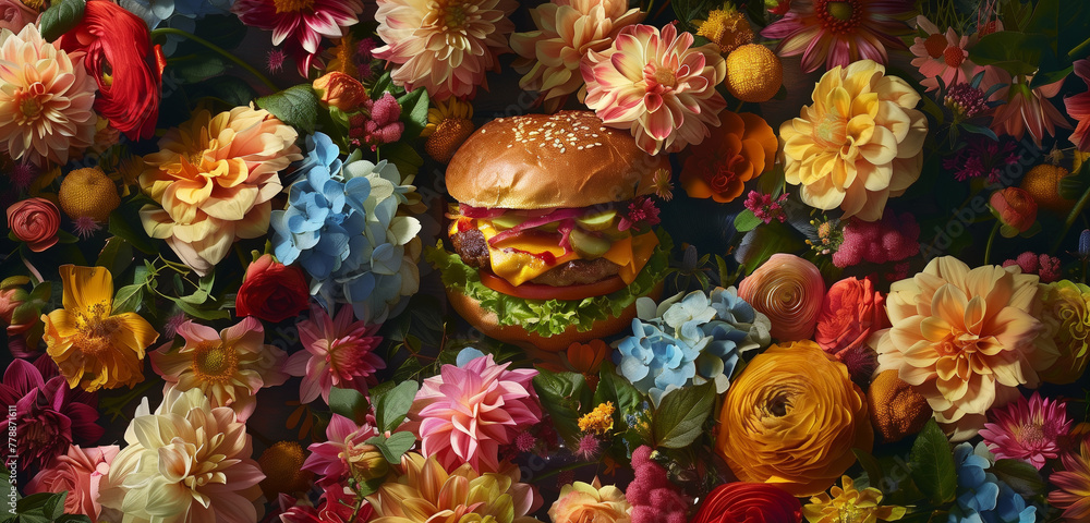 A hamburger with muted romance, bright details, a blending of land and sea, bright flowers, soft yellow, and azure.