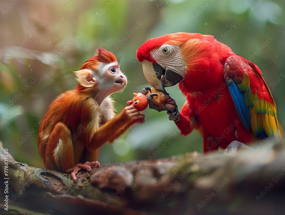 Colorful Macaw Parrot and Cute Baby Monkey Sharing Food in a Lush ...