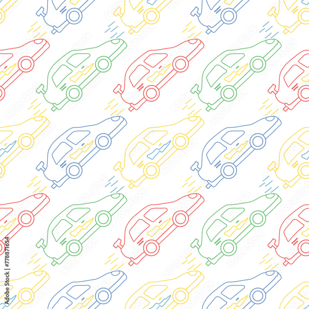 Seamless car pattern. Cartoon car background. Racing illustration