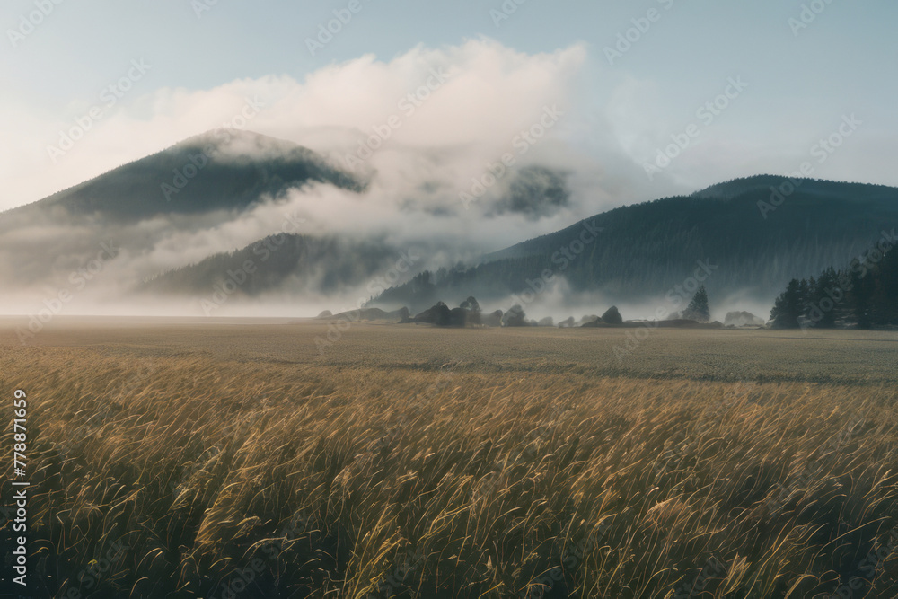 Misty mountain peaks peek through a veil of fog in this scenic landscape Misty mountain peaks peek through a veil of fog in this scenic landscape