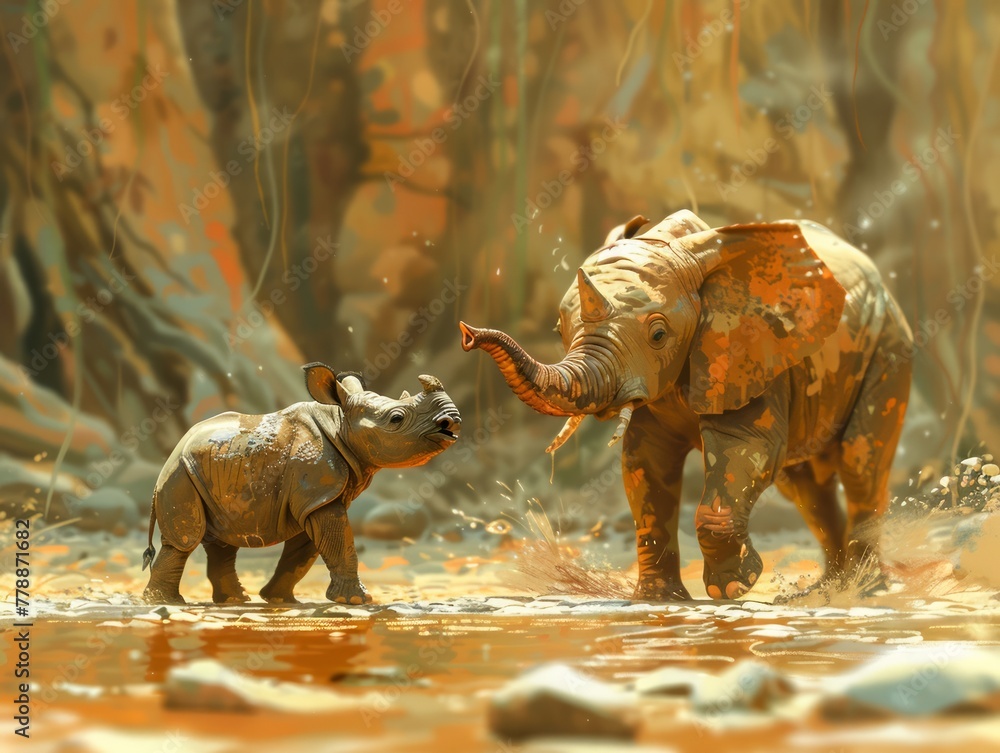 Fototapeta premium Majestic African Elephants Tender Moment in Warm Golden Light of Savannah