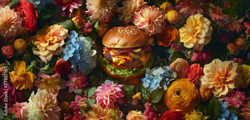 A hamburger with muted romance, bright details, a blending of land and sea, bright flowers, soft yellow, and azure.
