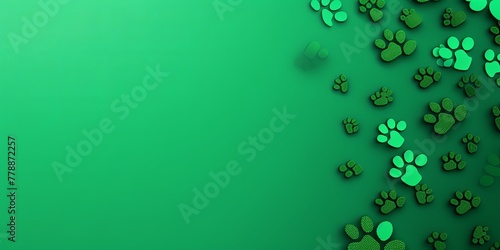 Green paw prints on a background, minimalist backdrop pattern with copy space for design or photo, animal pet cute surface
