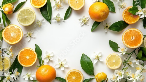 Top view of Citrus white flower border with a white backdrop with a big space inside of it for text or product, Generative AI.