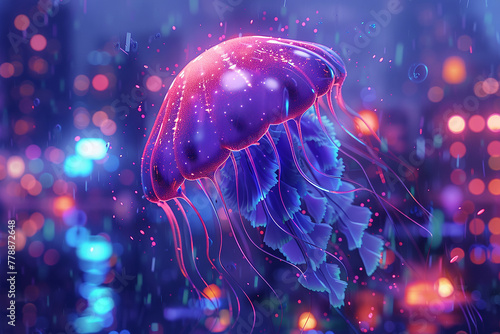 A purple jellyfish with a blue tail is floating in the water photo